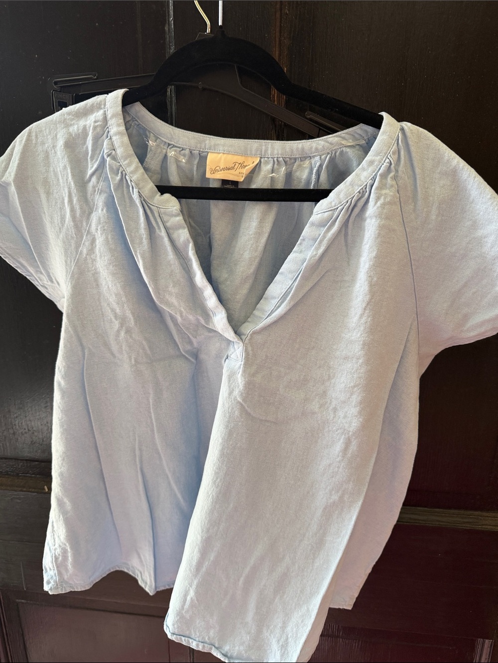 Sezane Light Blue linen V-Neck Short Sleeve Top